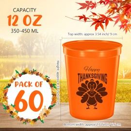 Thanksgiving Party Cups Orange Black Happy Thanksgiving Turkey Plastic Party Reusable Cups Bulk 12 oz Tumblers, for Thanksgiving Dinner, Thanksgiving Party, Friendsgiving Party Supplies (60 Pieces)