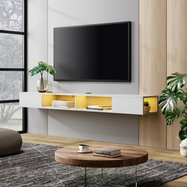 WAMPAT 70 Inch Floating TV Shelf with Yellow LED Light, White Floating TV Stand Wall Mounted with Storage for 75 inch TV for Living Room