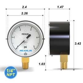 MEANLIN MEASURE 0-5psi Diaphragm Type Capsule Low Pressure Gauge 1/4" NPT 2-1/4" FACE DIAL Adjustable Water Column Gauge, with 1/4" x 1/2" NPT and 1/4" x 3/8" NPT Hex Bushing, Lower Mount