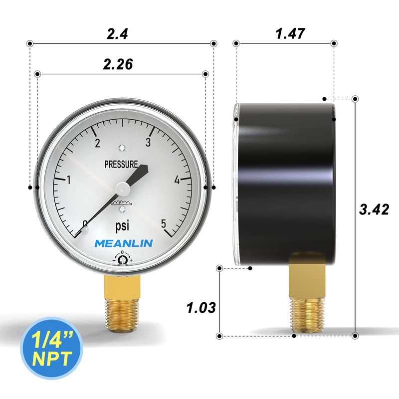 MEANLIN MEASURE 0-5psi Diaphragm Type Capsule Low Pressure Gauge 1/4"