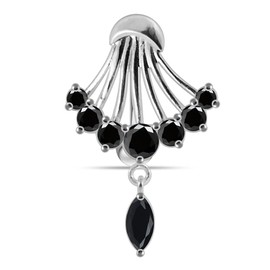 Black CZ Crystal Stone Hand Fan with Marquis Gems Dangling Reverse Bar 925 Sterling Silver Belly Ring Body Jewelry