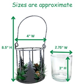 Christmas Tree Basket Candleholder with Glass Candle Holder Insert - Pinecones & Greenery - Flocked with White Glittered Hangs 8 1/2"