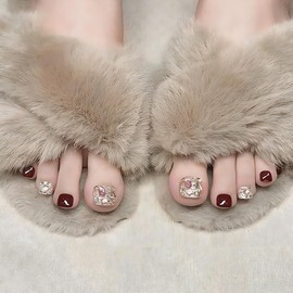 [NEURAD]ネイルチップ 足用 赤 24枚入 フットネイル フットネイルチップ 足用ネイルチップ マグネット 夏 付け爪 猫目石 可愛い 人気 シンプル