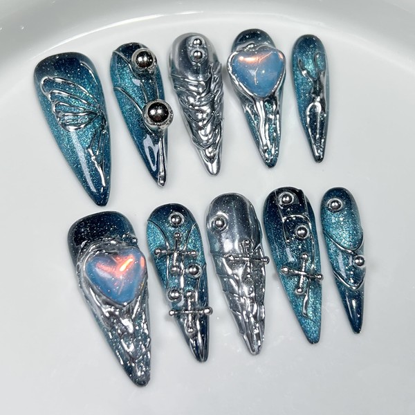 Hantyer Goth Press on Nails, Long Stiletto Glossy Nails in