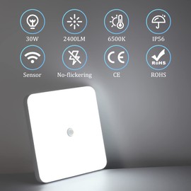 Combuh LED Ceiling Light with Motion Sensor 30W 2400LM Daylight White 6500K Square Ceiling Lamp with PIR Motion Detector for Bathroom, Garage, Corridors, Stairway, Balcony 25 * 25 * 4CM
