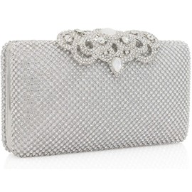 Dexmay Crystal Rhinestone Clutch Bag Diamond Crown Clasp Evening Bag Bling Party Purse Silver Medium
