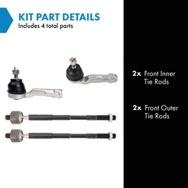 TRQ Inner and Outer Driver and Passenger Side Tie Rod Set 4 Piece Compatible with 2016 Hyundai Elantra Sport 17-20 Elantra 2021 Elantra SE SEL 18-20 Elantra GT 18-22 Kona 19-20 Kia Forte