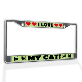 Fastasticdeals Metal Insert License Plate Frame I Love My Cat! Cat Lover Weatherproof Car Accessories Chrome 2 Holes Solid Insert
