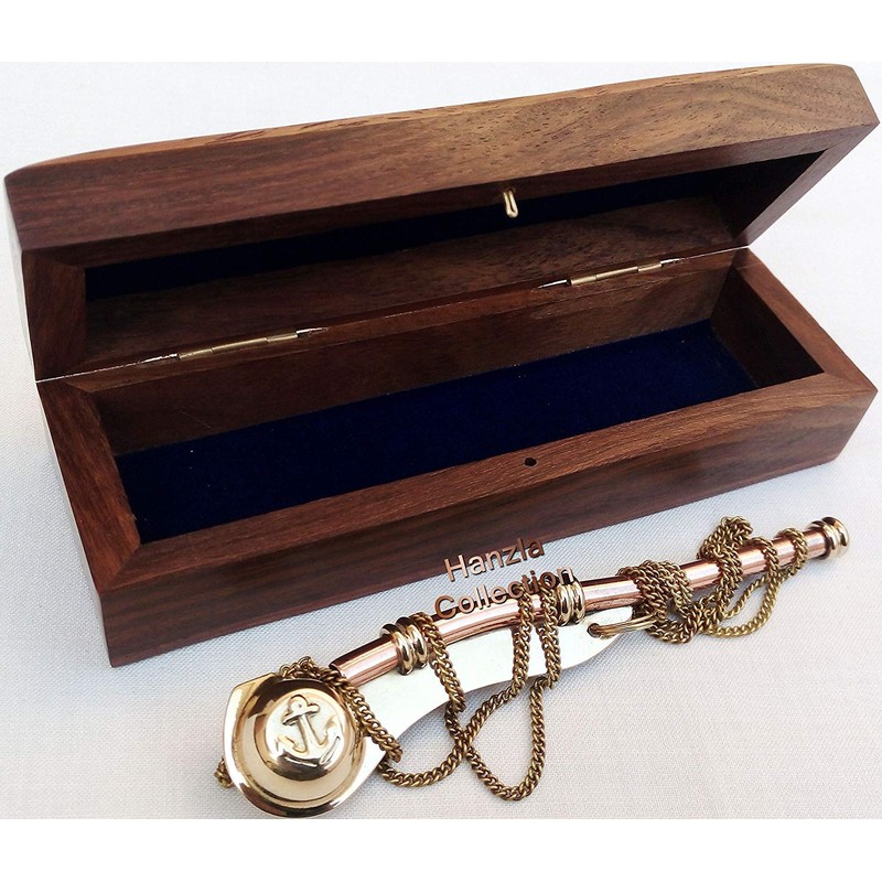 Bosun Brass Copper Marine Call Whistle with Wooden Box A