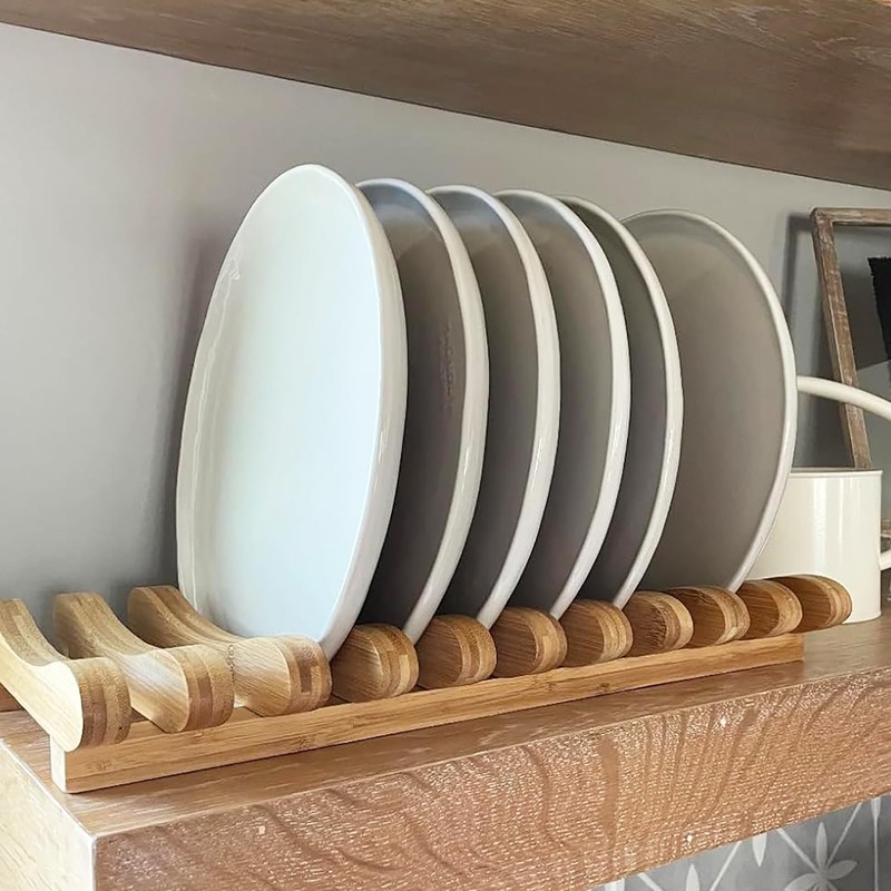 Frcctre Bamboo Dish Drying Rack, 10 Slots Bamboo Cabinet Plate