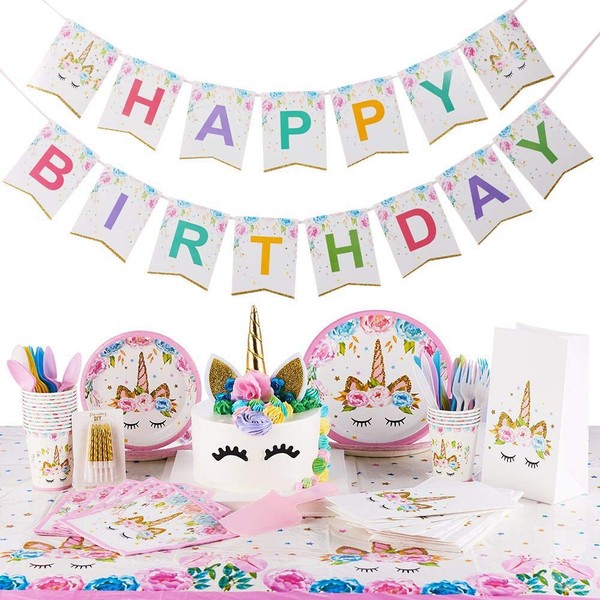 Unicorn Party Supplies Kit - Serves 16 - Unicorn Birthday Party Supplies - Happy Birthday Banner - Cake Topper - Cake Cutter - Candles - Goody Bags - Napkins - Plates - Cups - Utensils - Table Cloth