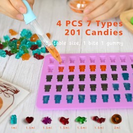 Juego de 4 moldes para gomitas, caramelos, gelatina, para 201 dulces, con 2 goteros, cepillo de limpieza, caja de almacenamiento, con diseños de oso, corazón, dinosaurio, dona, moldes antiadherentes