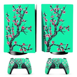 Skin Sticker for Game Console 5 Cover - Teal Cherry, Compatible with Both Disc Edition & Digital Edition (not Slim Ver) - 2 Controller Skins & Console Skin - No Bubble, Full Protection, Removable