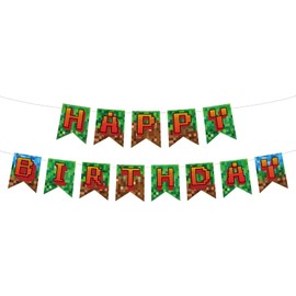 Game Theme Birthday Banner, Pre-Strung Pixel Birthday Themed Party Banner Hanging Decorations for Girls Boys Baby Shower Party Backdrop Decor Supplies