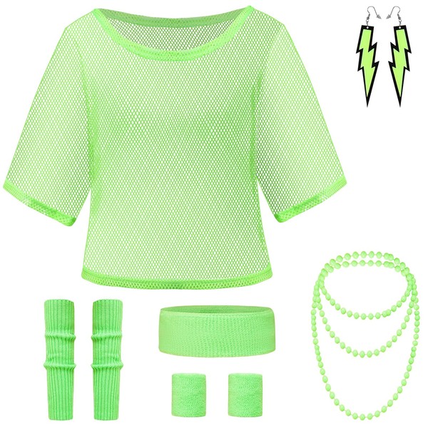 Clundoo 9 x 80s Costume for Women Neon Disco Costume with Mesh T-Shirt, Headband, Cuff, Leggings, Necklace, Earrings (Green)