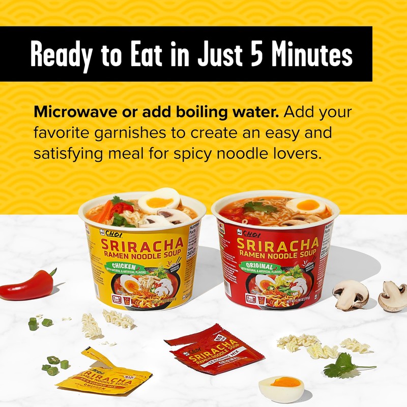 CHOI Sriracha Ramen Noodle Soup, Chicken Flavored - Microwavable Bowl,