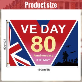 VE Day 80th Anniversary Flag 144 × 96 cm, Large Flag Decorations for 2025 VE Day 80th Anniversary Flag Bunting Celebration, Celebration 80 Years Victory In Europe Banner for Celebrate Decoration（D）