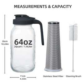 OMNISAFE 64 oz Cold Brew Coffee Maker, Glass Mason Jar Pitcher with Pour Spout Handle Lid with Stainless Steel Filter with Cleaning Brush, for Ice Tea, Leak Proof Half Gallon Storage Container (Black)