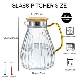 Wlasss Glass Pitcher, 60 oz 1.8 L Glass Water Pitcher, Pitchers with Handle and Lid, for Coffee, Juice, Lemonade, and Hot/Cold Beverages, Large Glass Tea Pitcher