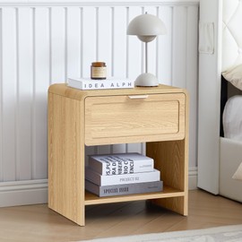 LEVNARY Nightstand with Charging Station, Mid-Century Modern Bedside Table with Curved Top Corners and Storage Drawer, Wooden End Table for Farmhouse Bedroom Living Room (1, Natural)