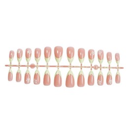 Green Press on Nails Medium Almond Shaped Fake Nails with White Flower Design Nude Full Cover Stick on Nail 3D Wave Natural False Nail Artificial Acrylic Summer Glue on Nails for Women Manicure 24Pcs