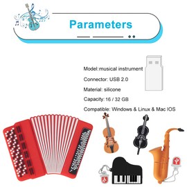 BorlterClamp 32 GB USB Flash Drive with Cute Musical Instrument Pattern, Cute USB Flash Drive Memory Stick for Data Storage, Gifts for Students, Teachers and Children, Pack of 5