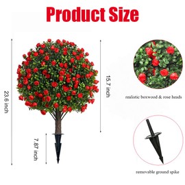 Set of 2 Artificial Boxwood Topiary Ball Bushes with Red Flowers Outdoor Plants with Ground Spike,23.6inch UV Resistant Faux Greenery Shrub Fake Bushes for Garden,Yard,Porch Decor