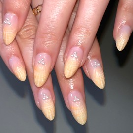 Fomkrio Orange Line French Tip 3D Shell Fun Painting Pearls Charms Short Press On Nails Almond Acrylic Fake Nails with Design, Spring Summer Nails for Women Girls, 15 Sizes - 30Pcs Manicure Nail Kit