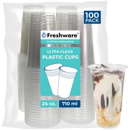 Freshware Clear Plastic Cups [100 Pack - 24 oz] Disposable Cups for Iced Coffee, Smoothie, Milkshake, Cold Drinks