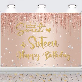Soireeparty Sweet 16th Birthday Banner - Rose Gold Sweet 16th Party Decorations Backdrop for Girls, 180 x 120cm Happy Sixteen Birthday Banner, Glitter 16 Year Old Birthday Photo Props Decorations