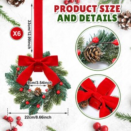 Knitgrip 6 Pcs Small Christmas Cabinet Wreaths Bulk Mini Kitchen Windows Decors with Red Bow Artificial Norfolk Farmhouse Wreaths with Red Berry Pine Cone for Fireplace Front Door Porch Wall Hanging