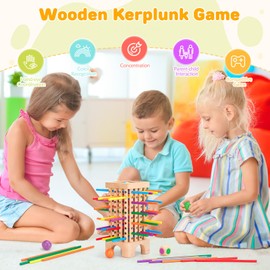 Montessori Spiel Brettspiel aus Holz, 42 Bunte Holzstäbchen Spiele Würfelspiel Mathe & Feinmotorik Spielzeug, Brettspiel Familie ab 3 4 5 6 Jahre Lernspielzeug Reisespiel für Kinder