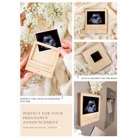 Joli Coon Pregnancy announcement with wooden frame for the ultrasound picture and magnetic back - Our hearts are full - Picture frame ultrasound picture in Polaroid style