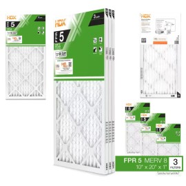 HDX HDX3P5-011020 3-Pack Standard Pleated Air Filter 10x20x1, Air Filters Replacement FPR 5 MERV 8