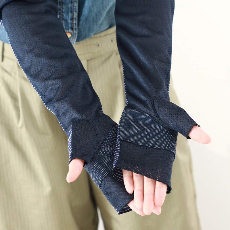 [GlovesDEPO] アームカバー 接触冷感 ボーダー ロング 手袋 指無 レディース ネイビー