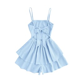 SHENHE Girl's Summer Romper Spaghetti Strap Tie Back Bow Layered Ruffle Boho Short Jumpsuit Blue 13Y