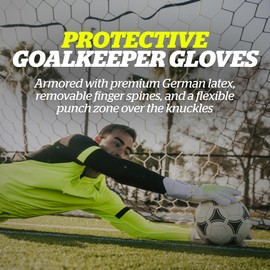 Storelli Electric Goalkeeper Gloves, High-Impact Hand Protection with 5 Removable Finger Spines, German Contact Latex, Wrist Strap, Extended Cuff, Youth & Adults, Unisex, 1 Pair, White Charge, Size 6