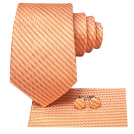 Hi-Tie Light Orange Striped Tie Sets Wedding Silk Necktie Pocket Square Cuff-links Sets Wedding Business Holiday