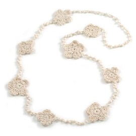 Avalaya Off White Floral Crochet and Glass Bead Long Necklace - 80cm Long