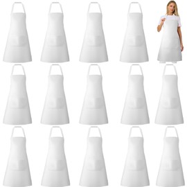 Bgtecho18 Pack Bib Apron,Aprons Bulk with 2 Pockets,Apron Bulk for Women Men,Unisex Commercial Apron for Kitchen BBQ Drawing Crafting(White)