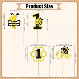 12 Pcs Bee One Cupcake Toppers - Glitter Honeycomb Number 1 Picks for Bee Theme Baby Shower Boys Girls First Birthday Party Supplies