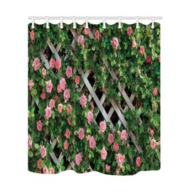 JOOCAR Design Shower Curtain, Rustic Decor Rosemary Roses Flower on Fence, Waterproof Cloth Fabric Bathroom Decor Set with Hooks, 180x200cm