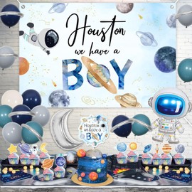 kreat4joy Outer Space Baby Shower Decorations for Boy, Space Astronaut Cupcake Toppers, Houston We Have a Boy Baby Shower Backdrop Galaxy Astronaut Moon Foil Balloons for Sky Planet Baby Shower