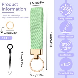 Thatyro 2 Pieces Nylon Woven Wristlet Keychain, Cute Wrist Lanyard with Extra 6 Keyrings & 2 String, Stretchy Key Chains Holder Strap Bracelet for Women Men Car Wallet Phone (Green)