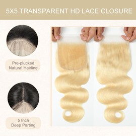 Lace Closure Human hair Water Wave 5x5 Transparent HD Lace Closure Human Hair Closure Blonde Human Hair Extensions Pre Plucked with Baby Hair(14Inch, Body Wave)