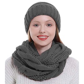Womens Scarf Beanie Hat Set Thick Winter Infinity Scarf Knit Scarfs for Women (Dark Grey)