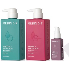 MEDIX Anti Aging Skin Care 3PC Set | Retinol Body Cream + Exfoliating AHA Glycolic Acid Foaming Face & Body Wash + Vitamin F Booster Serum, Wash + Treat + Hydrate Skincare Set