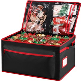 Yonsya Christmas Ornament Storage Box - Holds Up to 72 of 4” Ornaments - 2-in-1 Xmas Figurine Container - 3 Individual Trays - Holiday Christmas Decor Storage Case (Black)