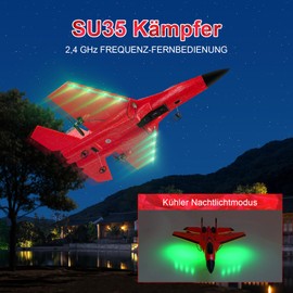 Henakmsl RC Plane 2.4GHz SU35 Fighter RC Plane 2CH Remote Controlled RTF for Beginners, Children and Adults, FX620 Aeroplane Toy with Coloured Lights USB Charging Red