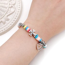 Yongxu Macaron Colored Polymer Clay bracelet with Heart Mustard Seed Charm and Metal Cross for Women